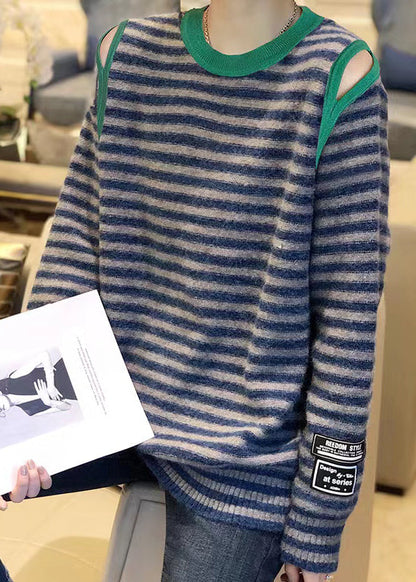 Striped O Neck Hollow Out Patchwork Knit Sweaters Top Fall