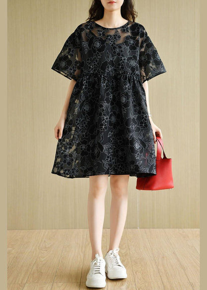 Black O-neck Patchwork Summer Half Sleeve Dress