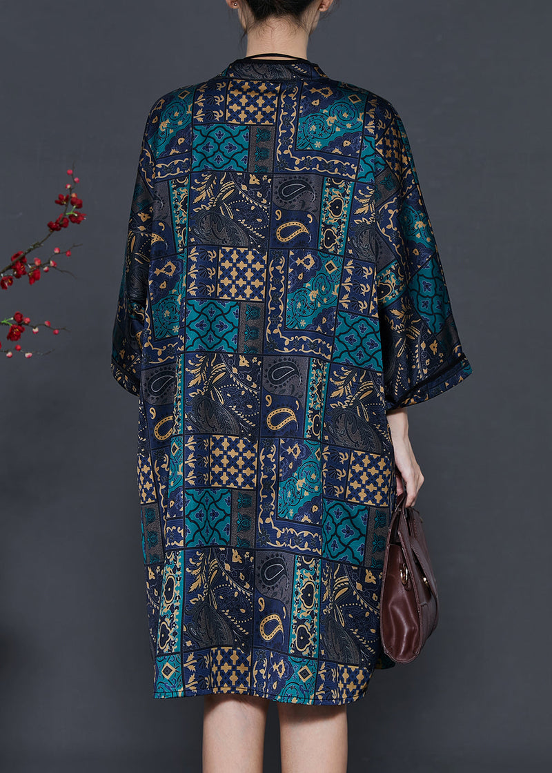 Black Stand Collar Print Silk Work Dress Fall