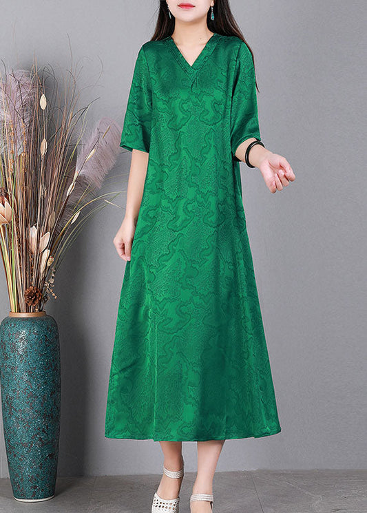Handmade Green V Neck Jacquard Silk Long Dress Half Sleeve