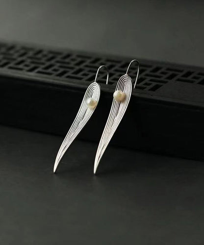 Silk Sterling Silver Pearl Bamboo Leaf Drop Earrings