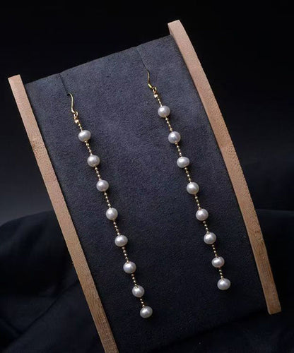 Skinny Gold Sterling Silver Alloy Pearl Tassel Drop Earrings