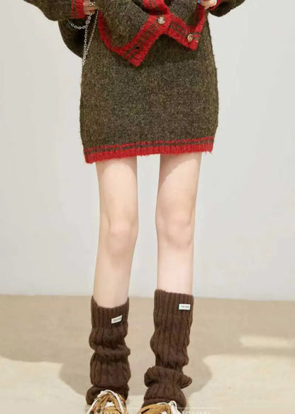 Brown Thick Pockets Knit Loose Two Pieces Set Winter