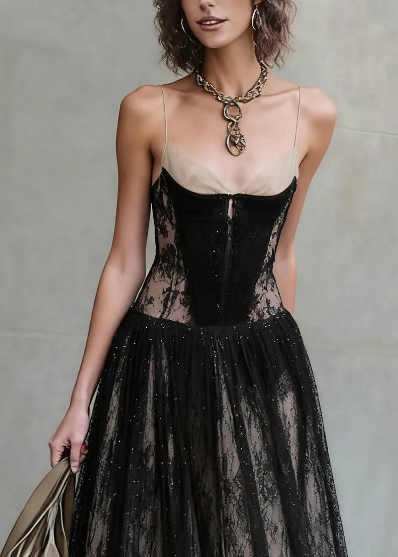 French Black Backless High Waist Patchwork Lace Spaghetti Strap Dress Summer