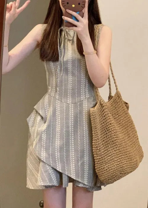 French Grey Striped Lace Up Cotton Mini Dress Sleeveless