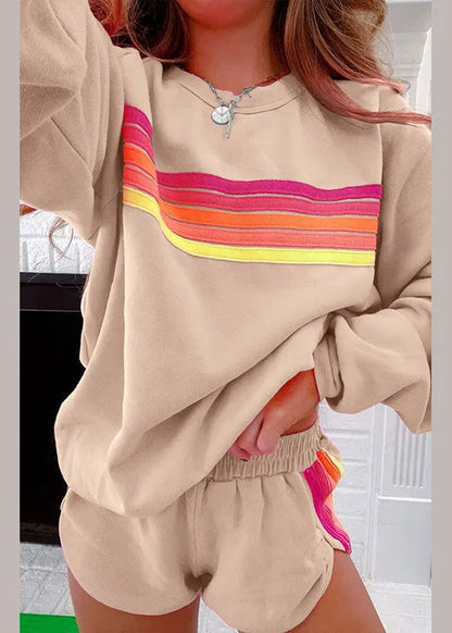 Loose Pink Striped T Shirt and Shorts Cotton Two Pieces Set Spring