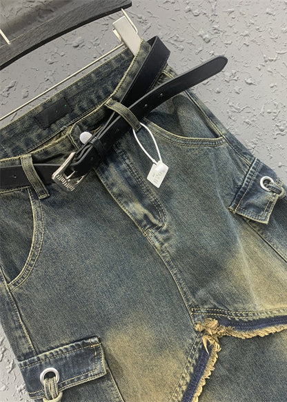 Fitted Blue High Waist Design Pockets Patchwork Denim Skirts Spring