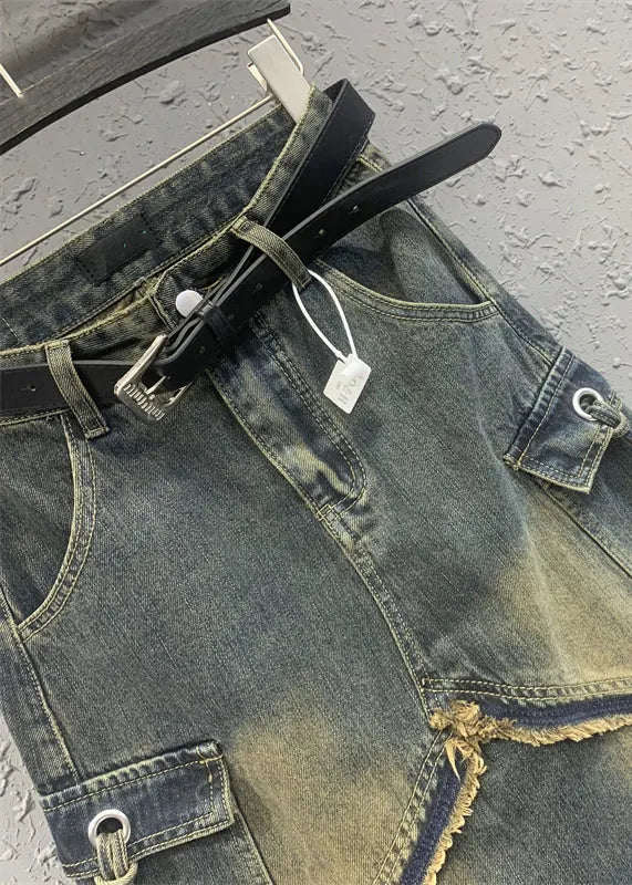 Fitted Blue High Waist Design Pockets Patchwork Denim Skirts Spring