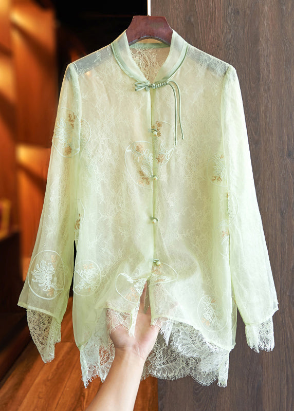 White Embroidered Lace Patchwork Silk Shirts Top Spring