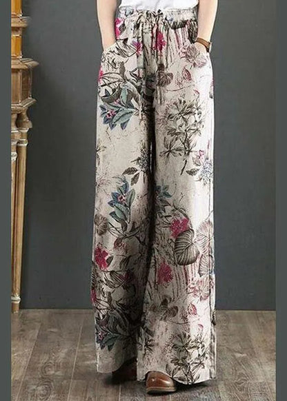 Cotton Palnt Print Pocket Drawstring Elastic Waist Retro Wide Leg Pants