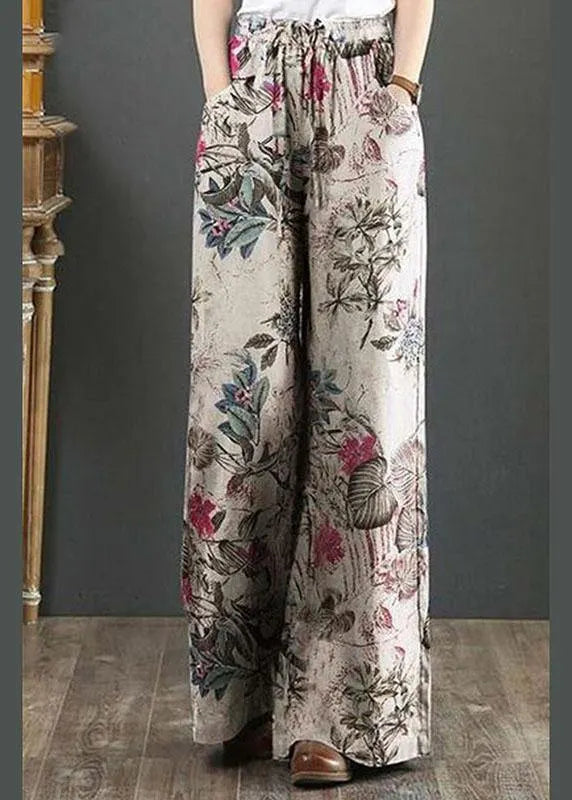 Cotton Palnt Print Pocket Drawstring Elastic Waist Retro Wide Leg Pants