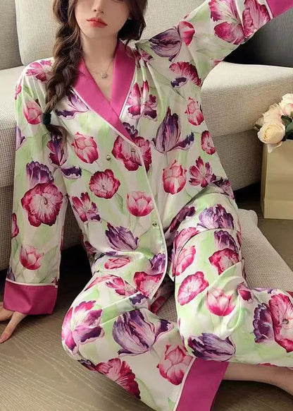 French Rose Peter Pan Collar Print Ice Silk Pajamas 2 Piece Outfit Spring