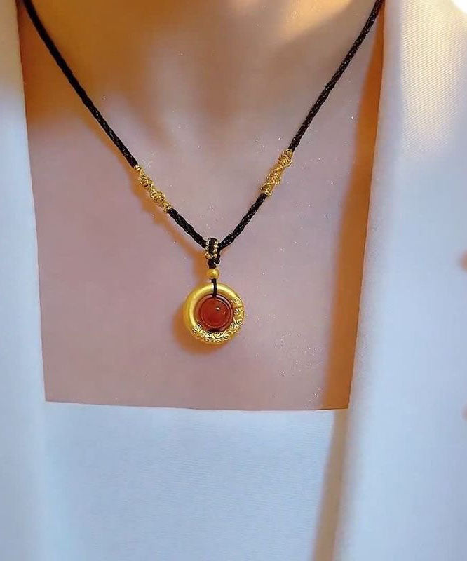 Gold Hand Knitting Agate Jade Pendant Necklace