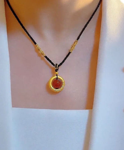 Gold Hand Knitting Agate Jade Pendant Necklace