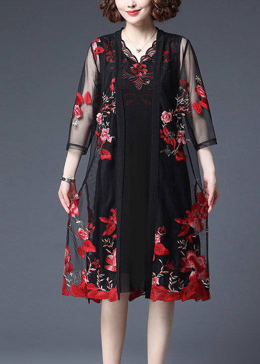 Red Embroideried Tulle Cardigans and Tank Dress Two Piece Set Summer