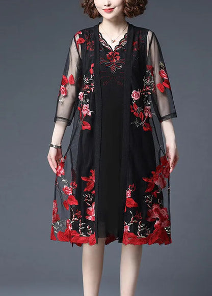 Red Embroideried Tulle Cardigans and Tank Dress Two Piece Set Summer