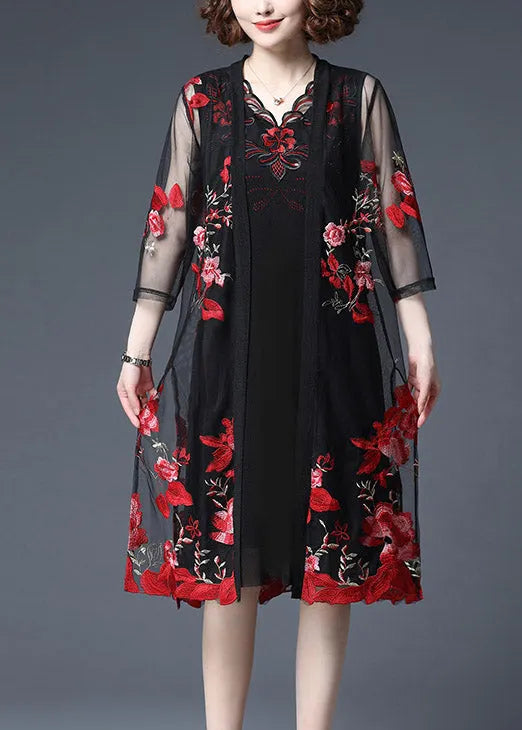 Red Embroideried Tulle Cardigans and Tank Dress Two Piece Set Summer