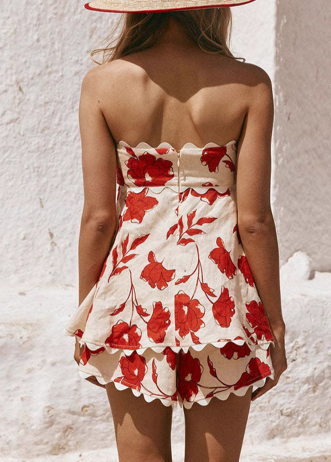 Red Backless Print Cotton Two Pieces Set Summer