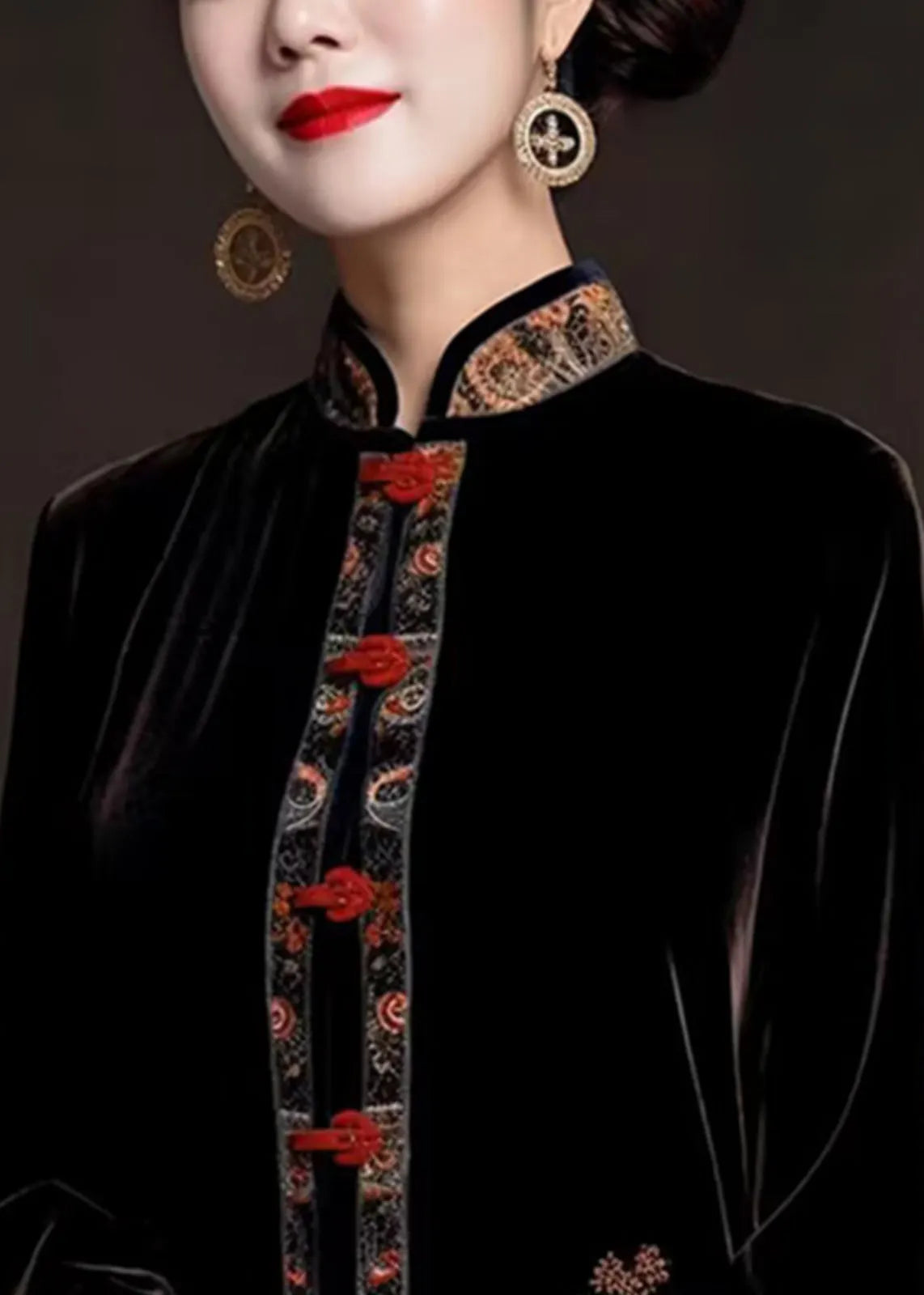 Classy Black Stand Collar Embroideried Silk Velour Coats Fall