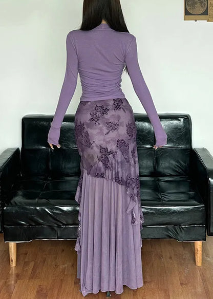 Novelty Purple Lace Up Tulle Patchwork Tops and Skirts Two-piece Set Spring