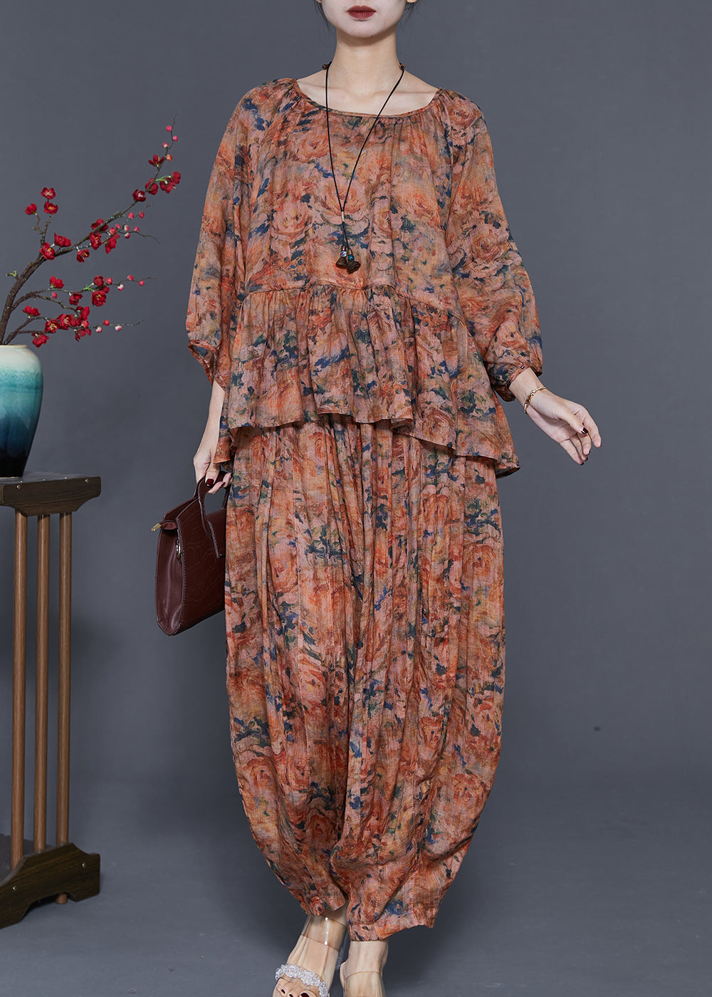 Handmade Coffee Oversized Print Linen Two-piece Set Spring