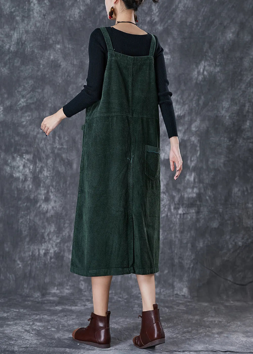 Blackish Green Oversized Pockets Corduroy Strap Dress Fall