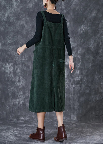 Blackish Green Oversized Pockets Corduroy Strap Dress Fall