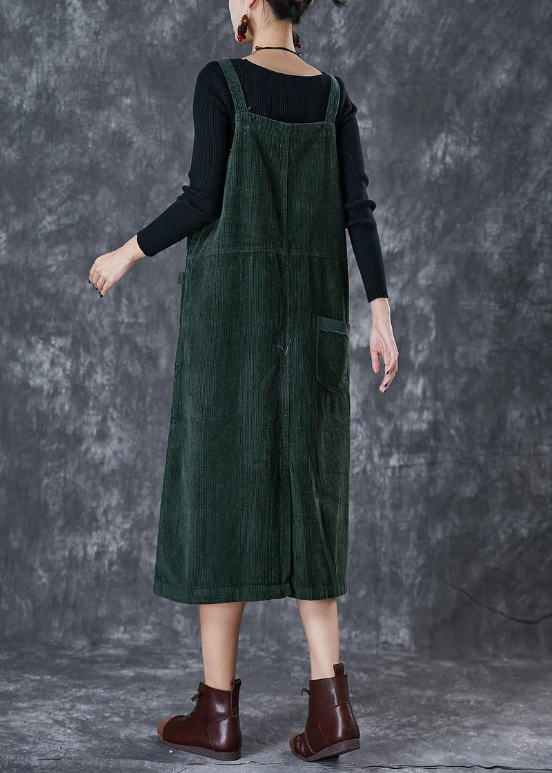 Blackish Green Oversized Pockets Corduroy Strap Dress Fall