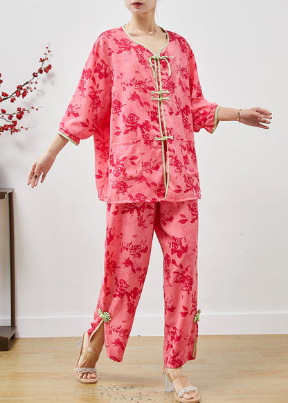 Red Chinese Button Print Cotton Two Pieces Set Summer