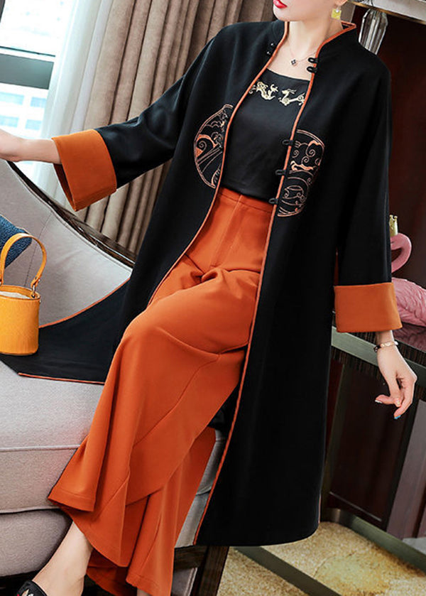 Black Stand Collar Embroideried Patchwork Cotton Two Piece Set Outfits Fall