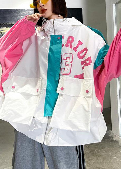 Art White Letter Patchwork Cotton Spring Hooded Coat