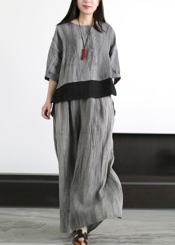Grey O-neck Patchwork Linen Two Piece Set Outfits Half Sleeve