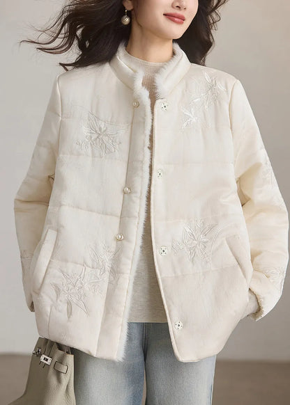 Style Black Embroidered Jacquard Fine Cotton Filled Puffers Jackets Winter