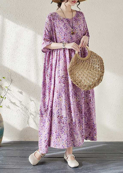 Purple Print Patchwork Ankle Dress Half Sleeve