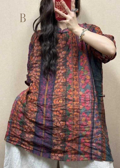 Stand Collar Oriental Button Cotton Mid Dress Summer