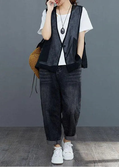 Black Linen Cardigan Vest Large Summer