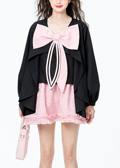 Black O-neck Bow Chiffon Shirt Long Sleeve