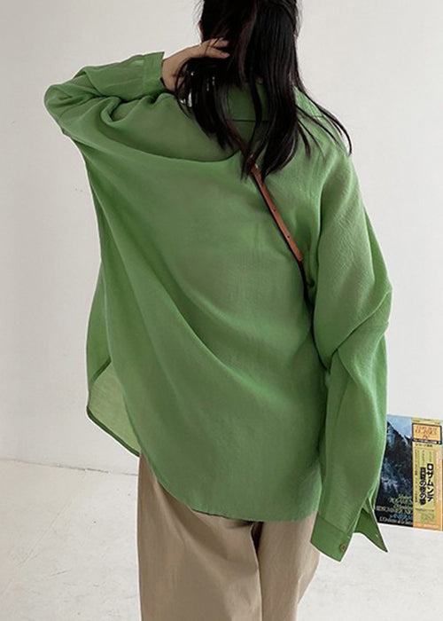 Green Button Pockets Cotton Blouses Fall