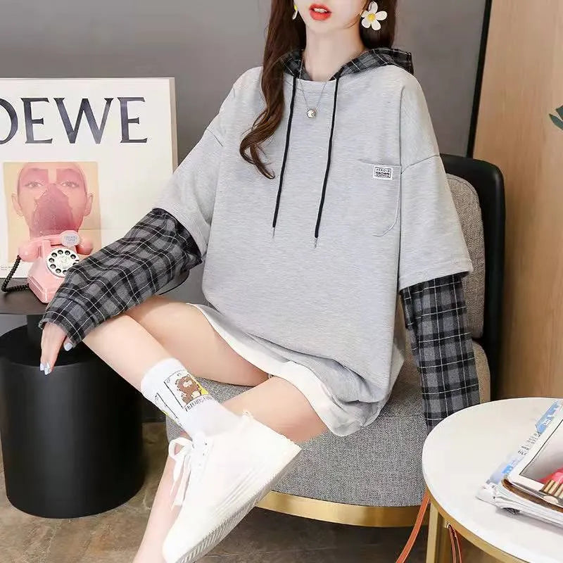 Style False Two Pieces Cotton Hooded Clothes Neckline Army Green Blouse