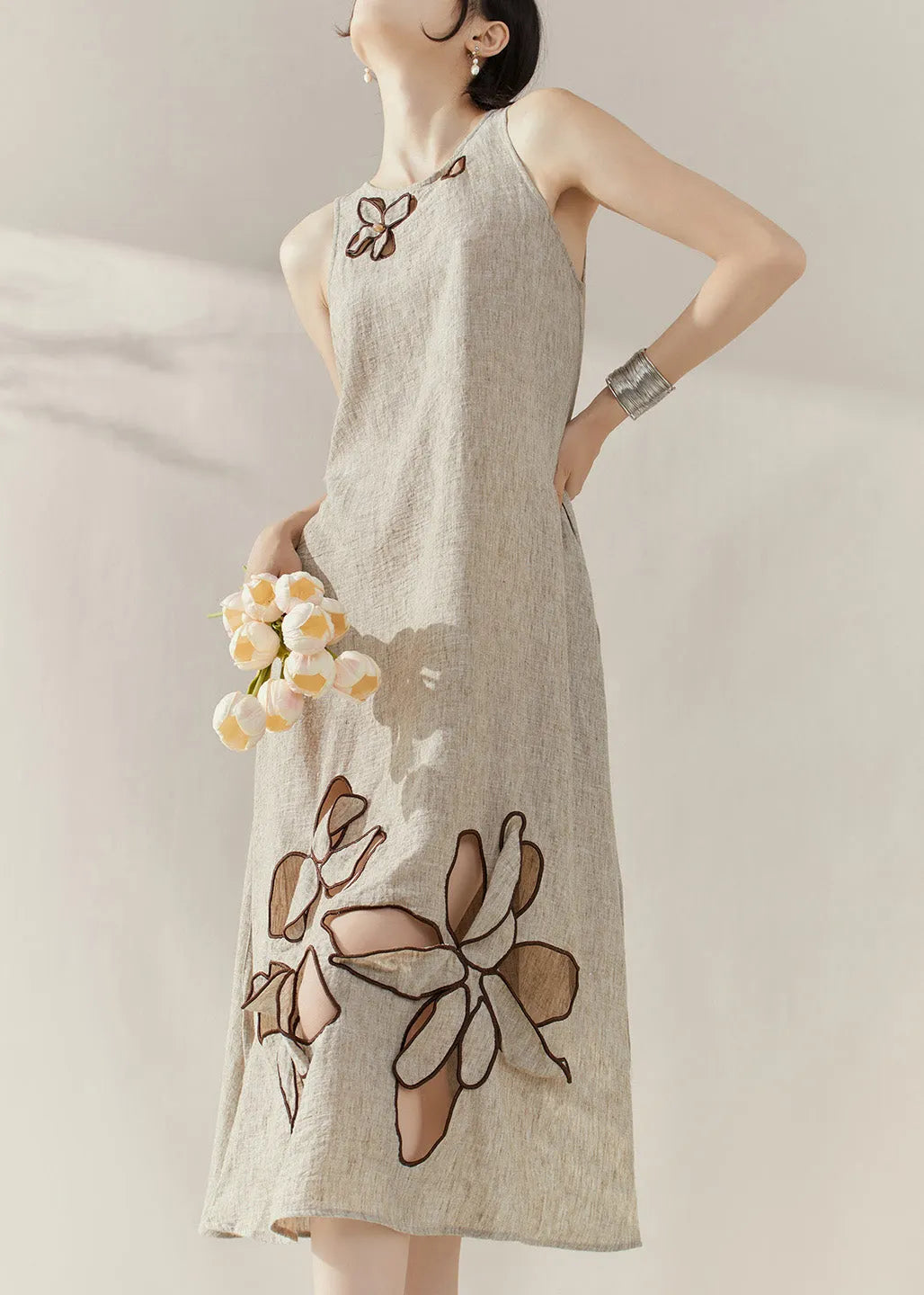 New Khaki Hollow Out Maxi Dresses Short Sleeve