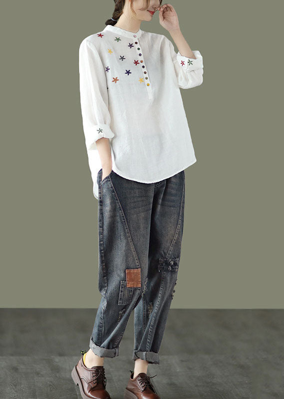 White Stand Collar Embroideried Linen Shirt Spring