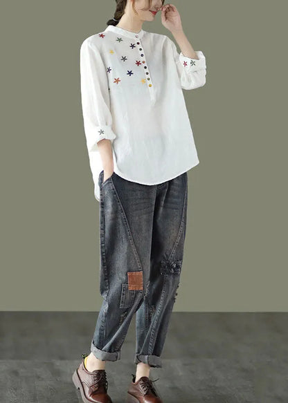 White Stand Collar Embroideried Linen Shirt Spring