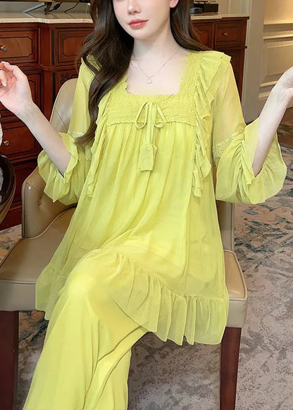Green Square Collar Lace Up Tulle Pajamas Two Piece Suit Set Butterfly Sleeve