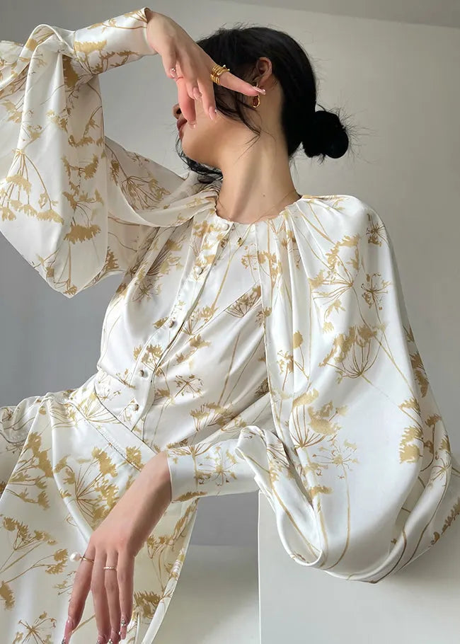 Classy White O-neck Print Silk Top and Skirts Two Pieces Set Fall