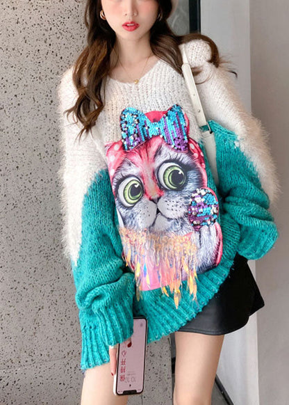 Style Green Loose Tasseled Patchwork Fall Sweater