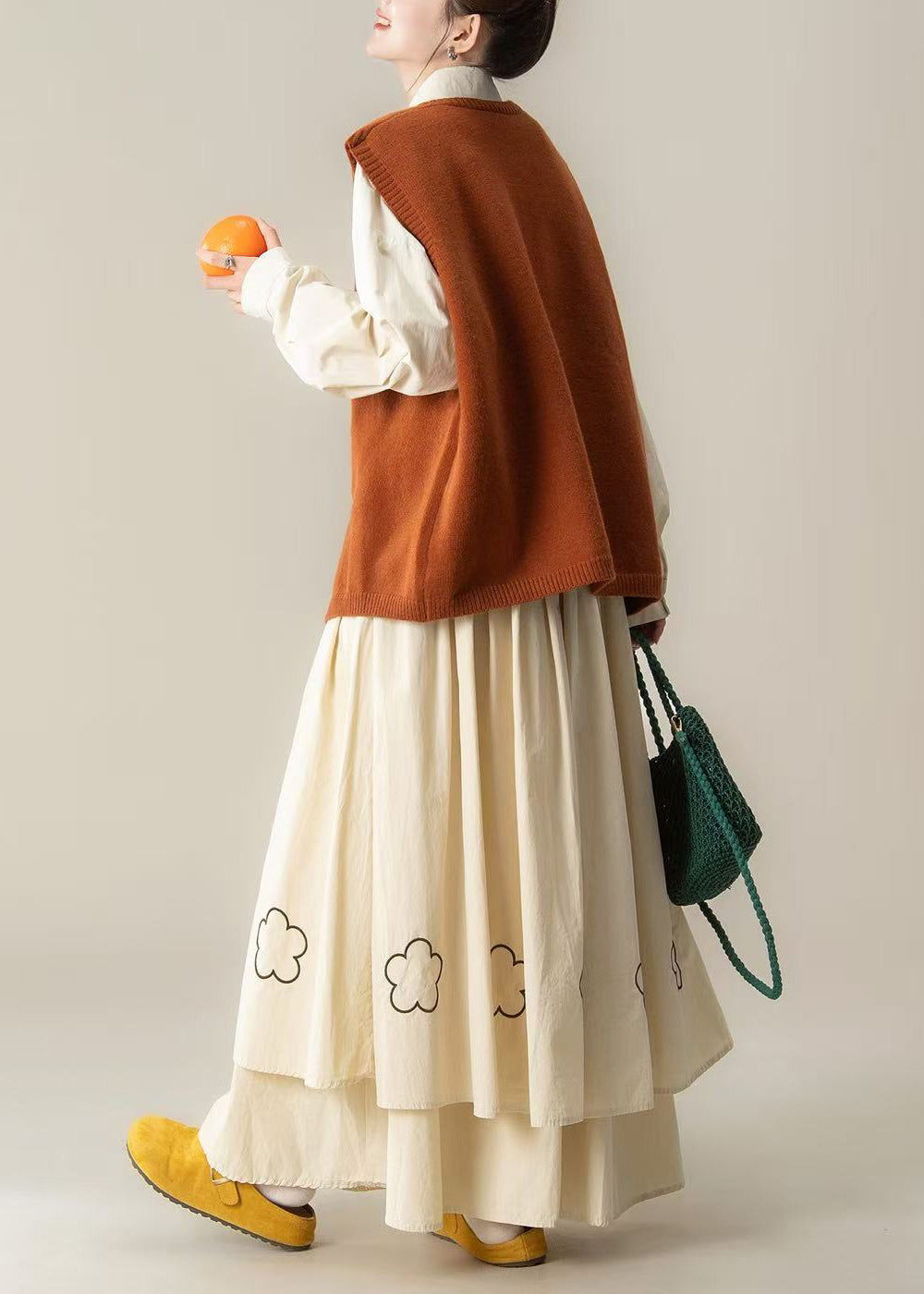 Orange Asymmetrical Embroidered Knit Three-piece Set Spring