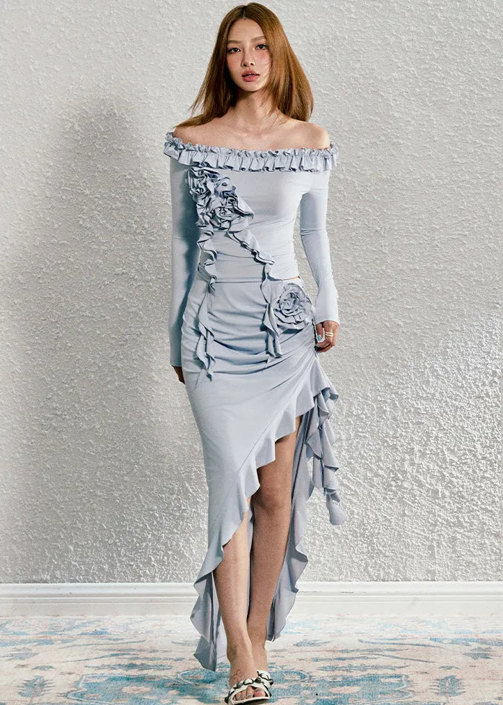 Black Ruffled Patchwork Top and Maxi Skirts Two Pieces Set Fall