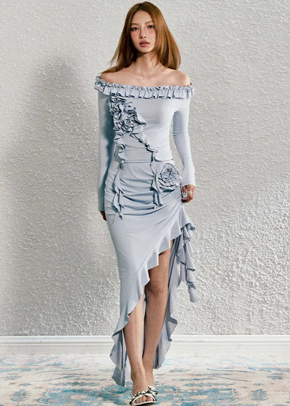Black Ruffled Patchwork Top and Maxi Skirts Two Pieces Set Fall