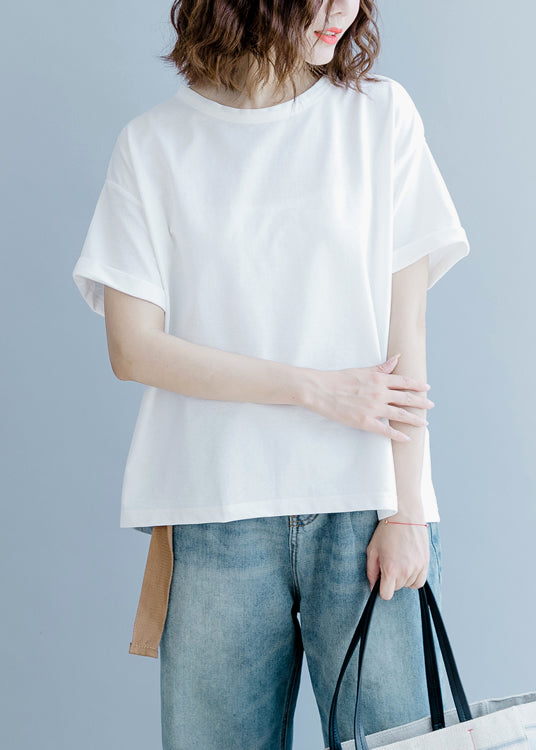 Organic Black O-neck Bow Cotton Tops Short Sleeve