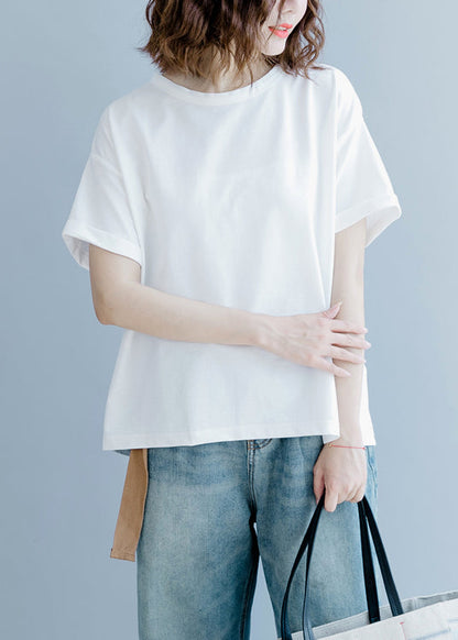 Organic Black O-neck Bow Cotton Tops Short Sleeve
